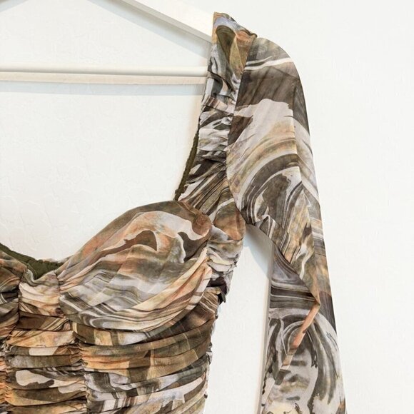 Zara Mesh Long Sleeve Ruched Marble Print Bodycon Mini Dress Stretchy Size XS - Picture 3 of 11